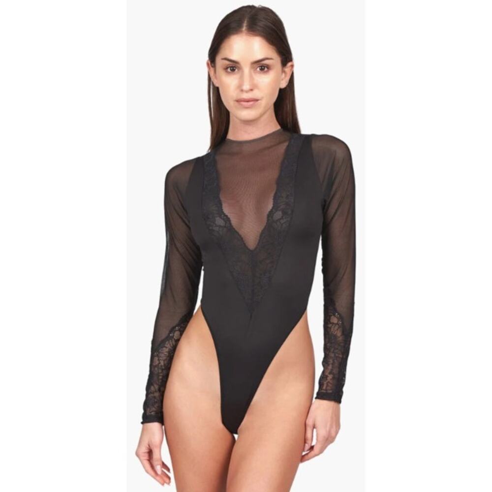 NWT Mucci Alicia Bodysuit Black Long Sleeve Mesh / Lace Womens Size Small